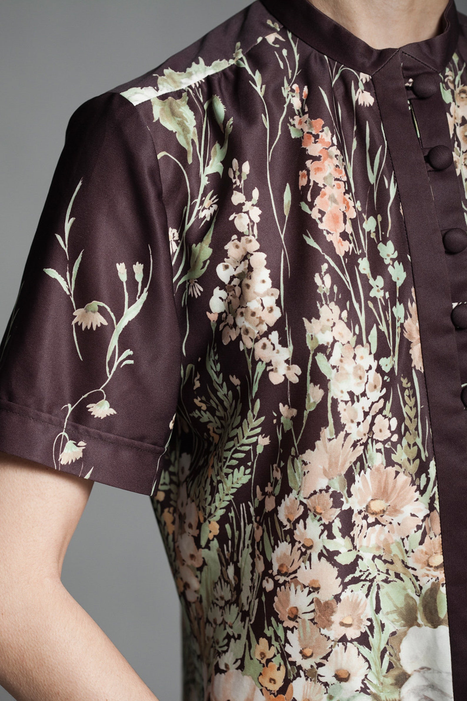 White Watercolor Floral Print Button-Up Blouse Long Sleeve