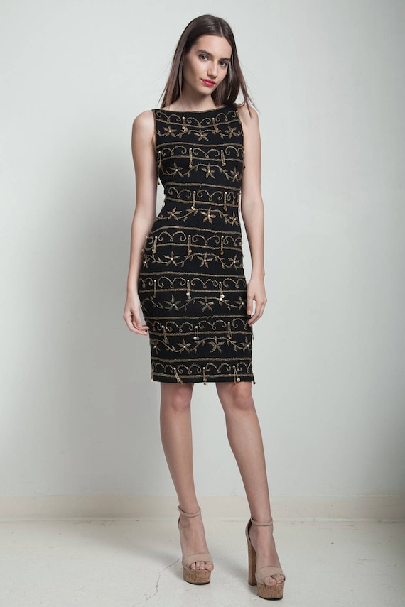vintage 60s bodycon tassel dress Black knit gold dangled beads hand beaded SMALL S