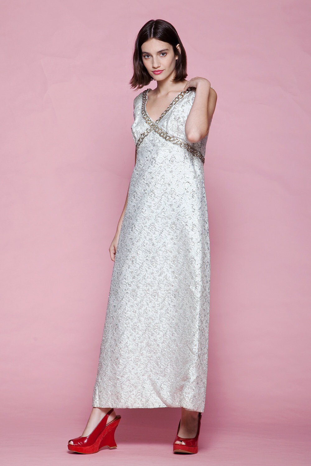 Evening Dress Silver Metallic Gown Empire Waist V Neck Maxi Vintage 60s  LARGE L - Etsy