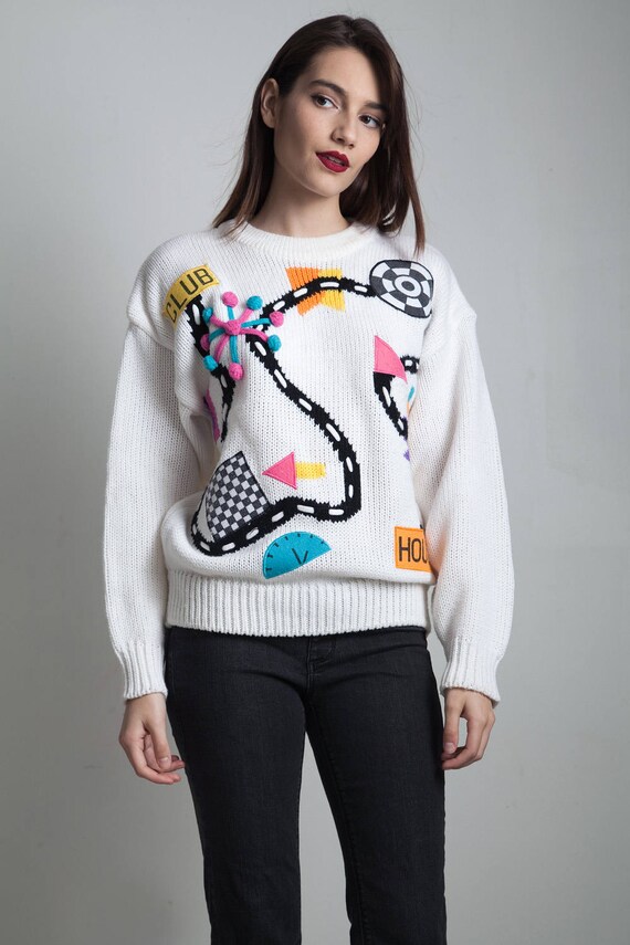 vintage 80s kitschy knit applique sweater white ma