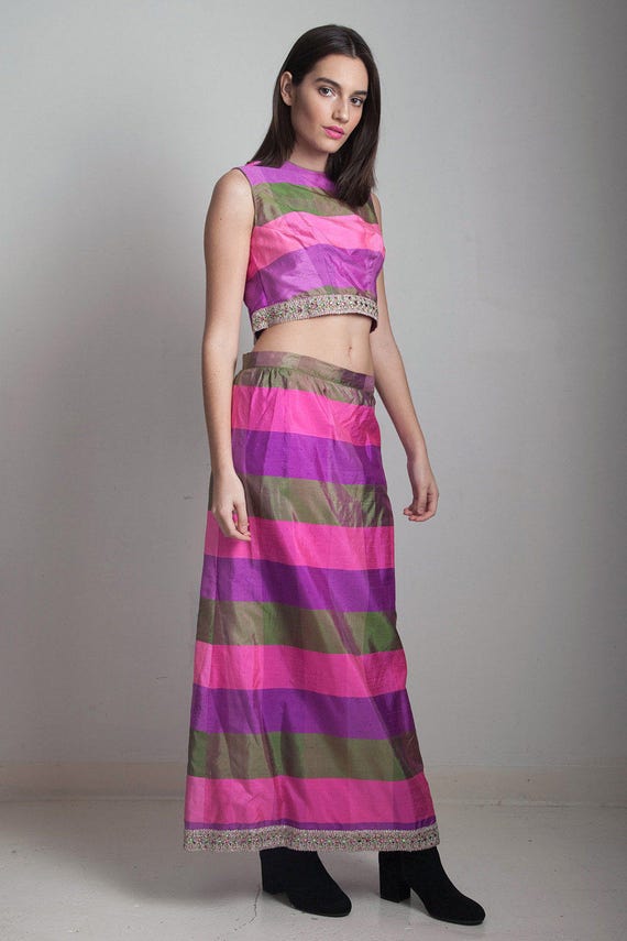 raw silk crop top maxi skirt set 2-piece vintage … - image 3