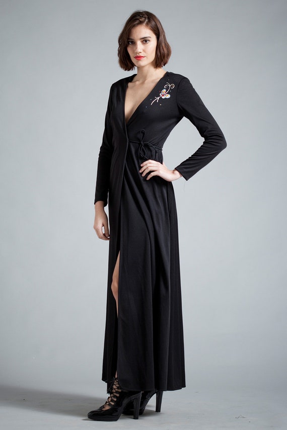 vintage 70s maxi wrap dress black long sleeves bu… - image 7