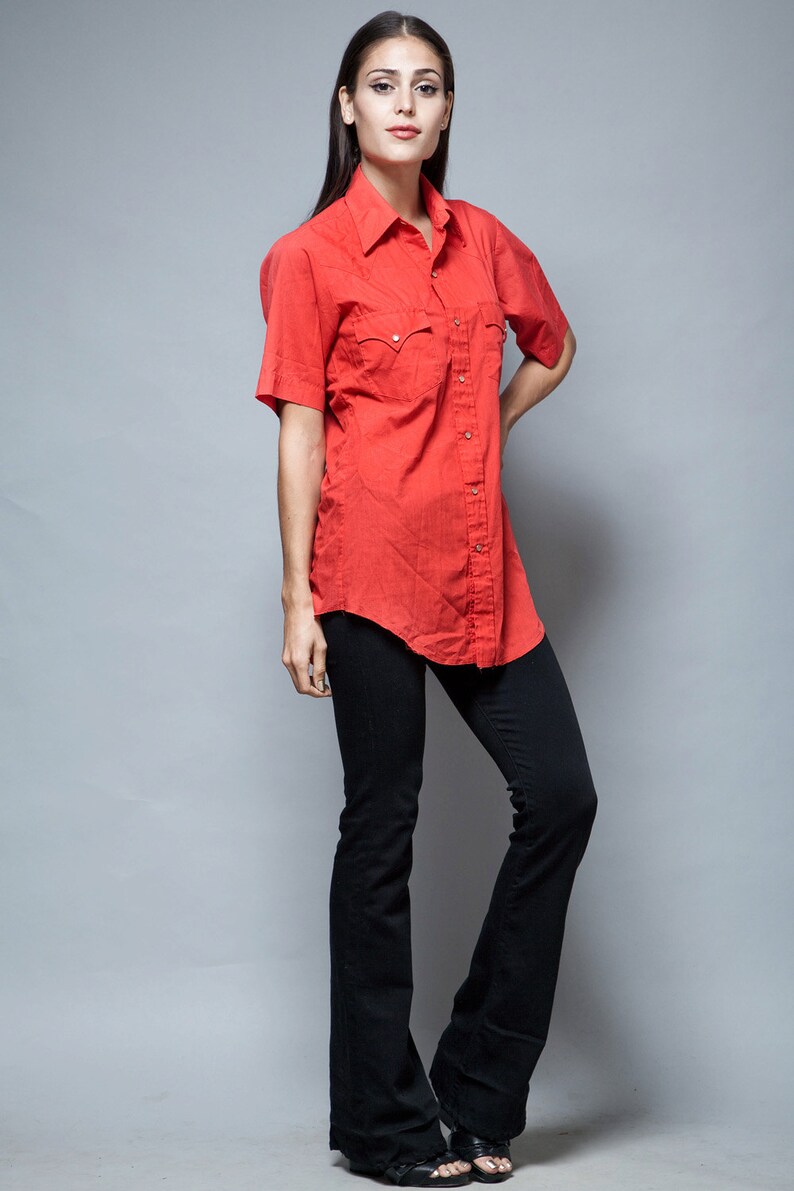 western short sleeves red cowboy shirt cotton pearl snaps vintage 70s M medium image 1