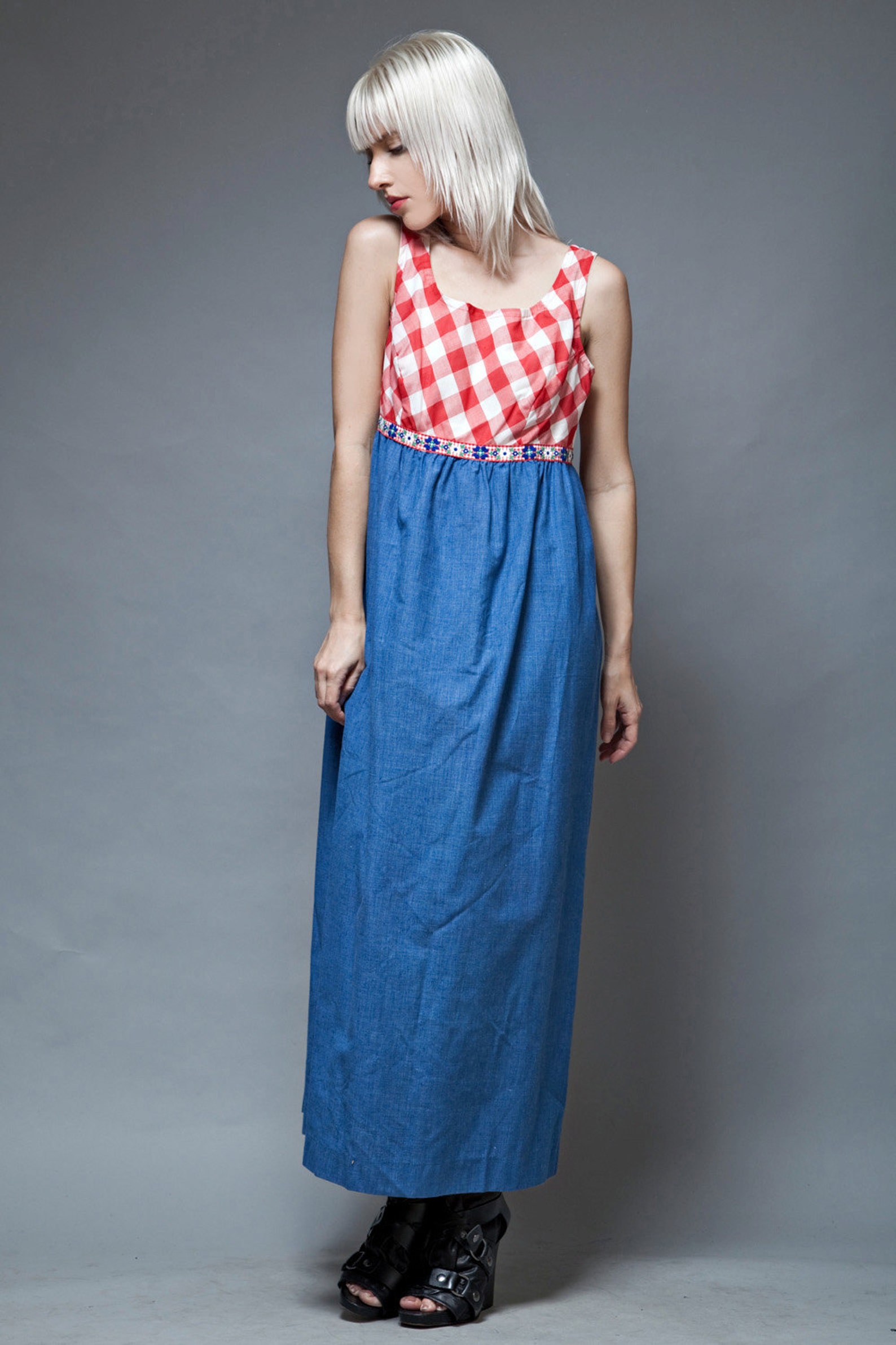 Gingham Maxi Dress, Red White Blue, Gingham Plaid Dress, Sleeveless