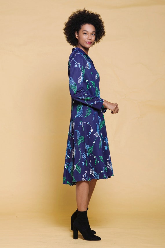 shirt dress leaf print long sleeves navy blue gre… - image 5