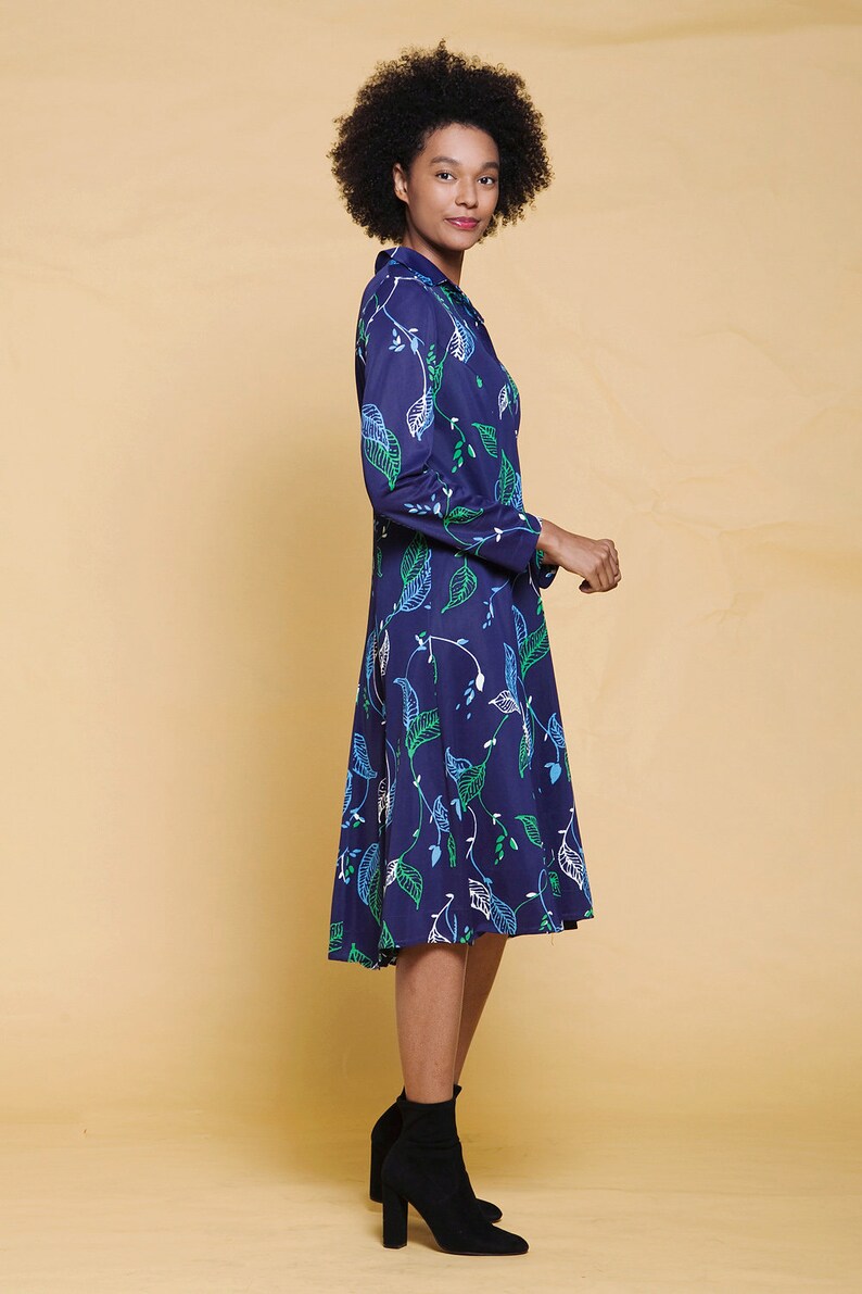 shirt dress leaf print long sleeves navy blue green vintage 70s MEDIUM LARGE M L image 5