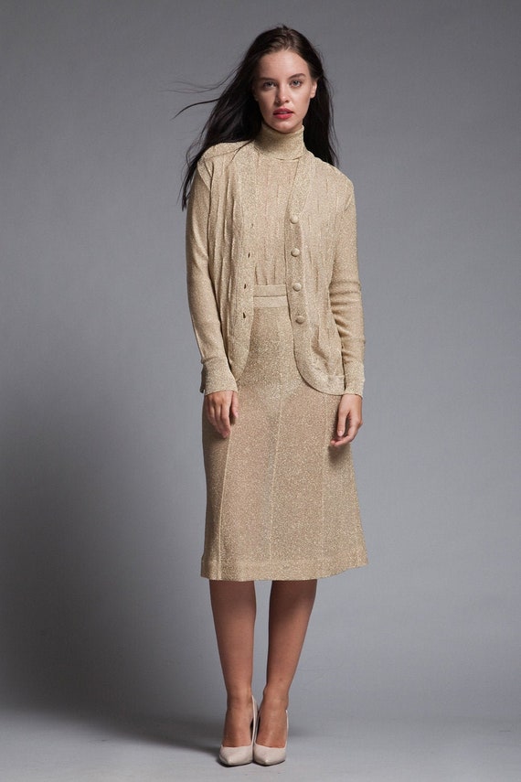 gold 3 piece skirt suit set lurex metallic knit tu