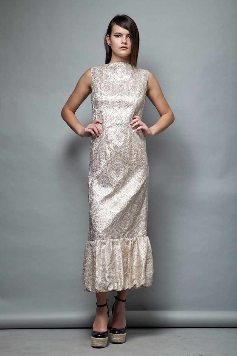 gold maxi dress gown vintage 1960s metallic damask sleeveless bubble hem S M small / medium image 2