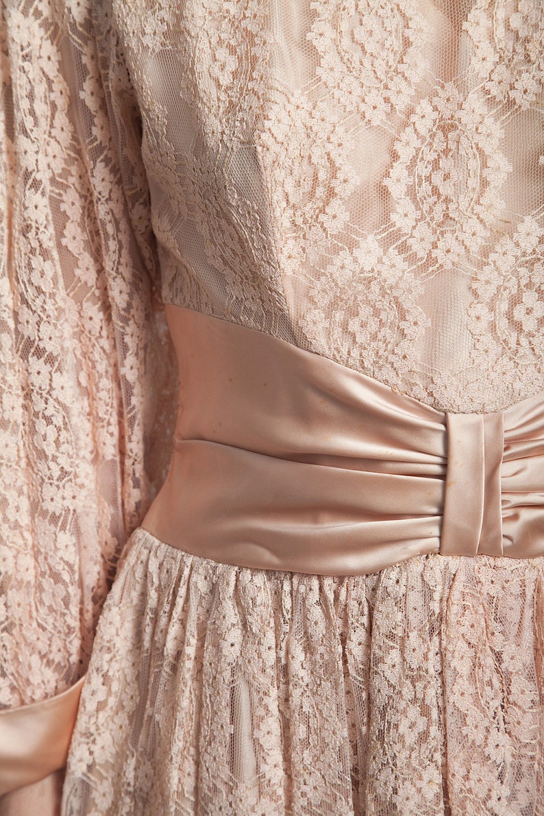vintage 50s party dress blush pink lace full skirt cummerbund MEDIUM M image 5