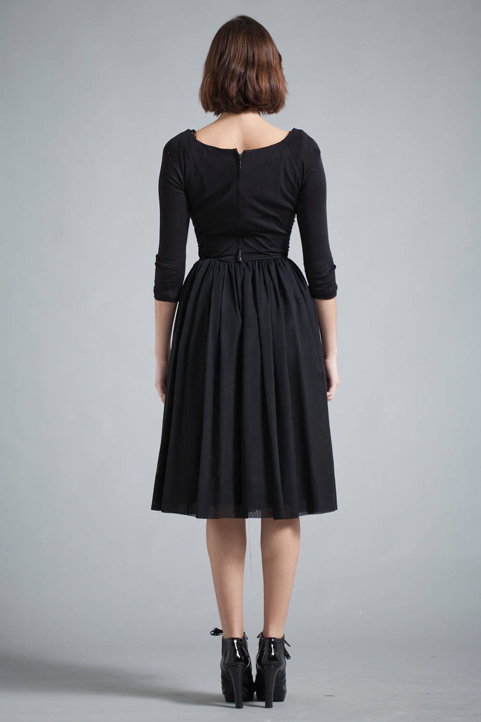 Vintage 50s 1950s LBD Little Black Crepe Dress Gathered 3/4 | Etsy