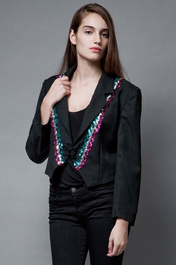 vintage marching band jacket crop cropped black sequins sequin sequinned frog button M MEDIUM