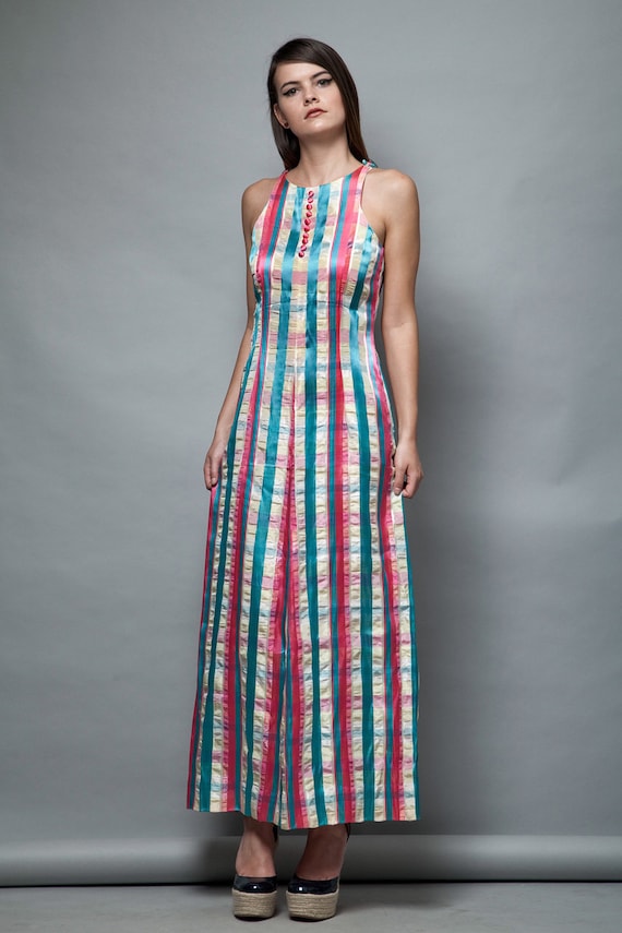 sleeveless halter maxi dress vintage 70s striped … - image 1