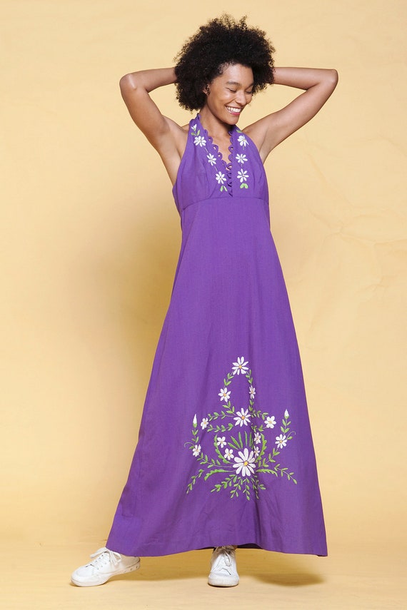 halter maxi dress purple cotton floral hand embro… - image 1