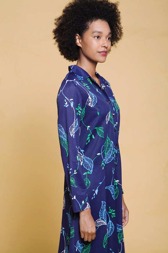 shirt dress leaf print long sleeves navy blue gre… - image 4