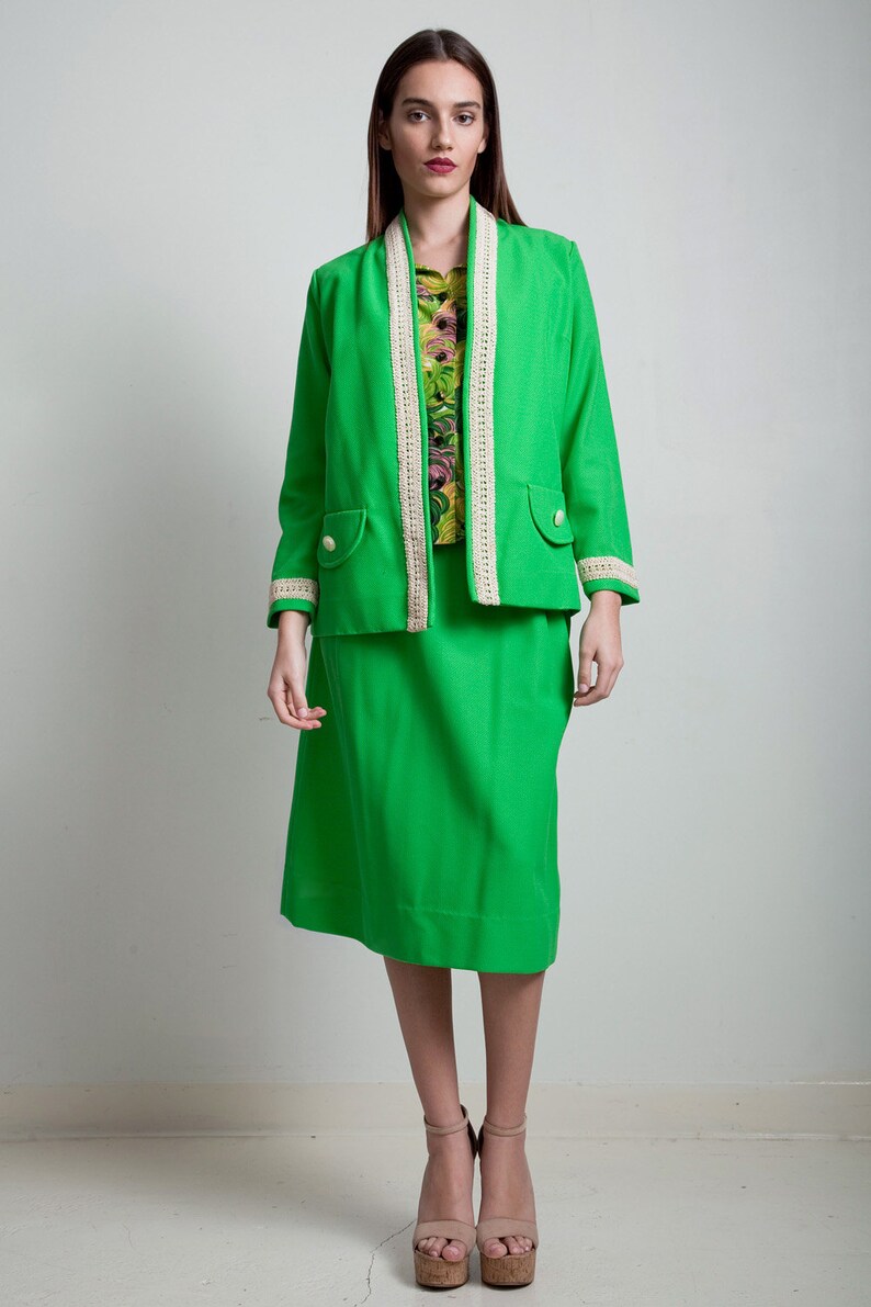 Neon Green Skirt Suit 3-piece Set Vintage 70s White Trim Open | Etsy