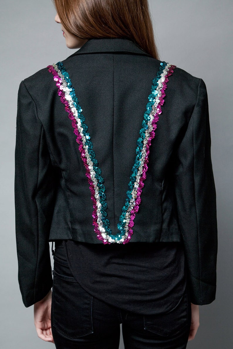 vintage marching band jacket crop cropped black sequins sequin sequinned frog button M MEDIUM