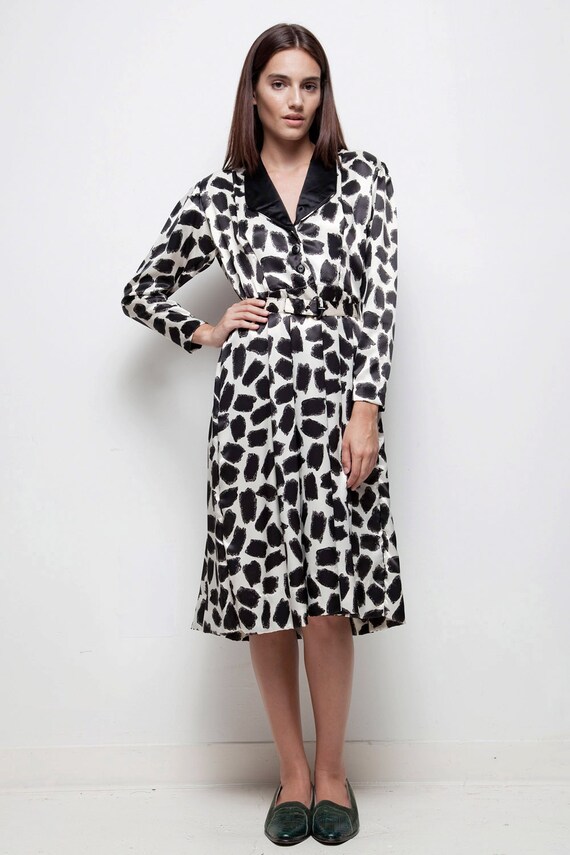 midi shirtwaist dress Shirtwaist Dress Pleated Midi Black White Abstract Animal Print Satin Long  Sleeve Vintage 70s LARGE L