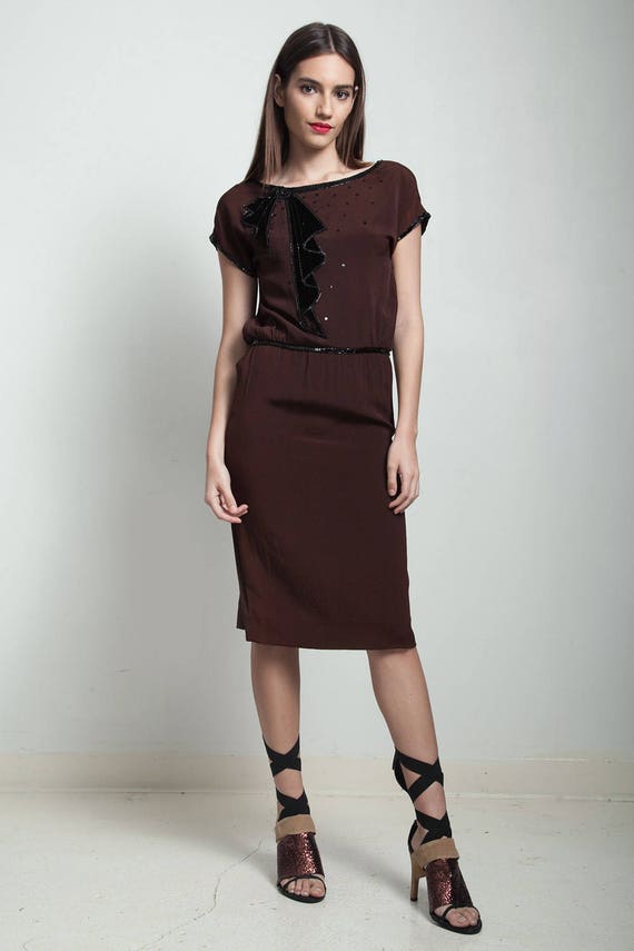 vintage 60s does 30s art deco dress brown black s… - image 1