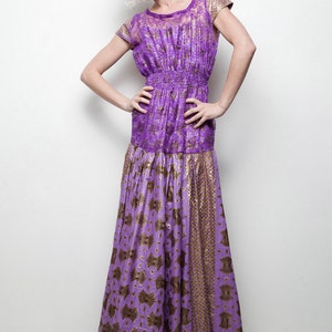 African wax fabric evening gown maxi dress purple gold lace open back L LARGE SU-1 image 2