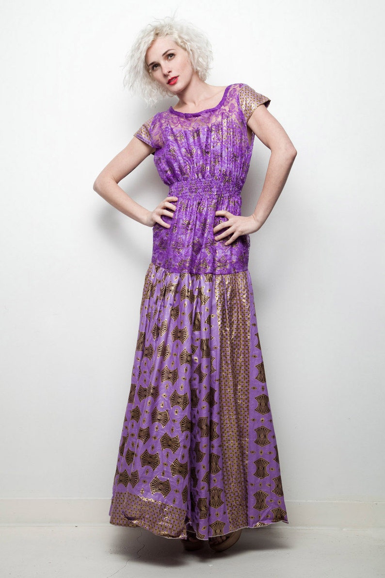 African wax fabric evening gown maxi dress purple gold lace open back L LARGE SU-1 image 2