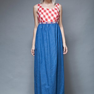 gingham maxi dress, red white blue, gingham plaid dress, sleeveless dress, vintage 70s cotton chambray empire waist LARGE L image 1
