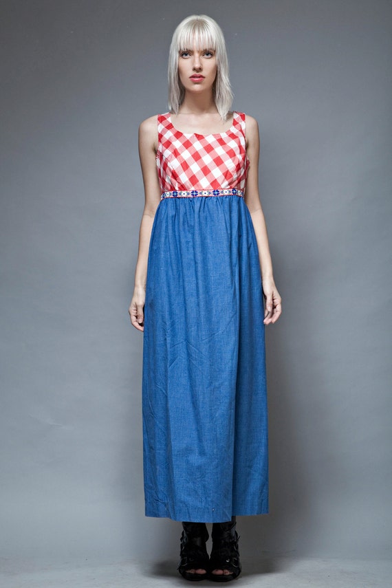 gingham maxi dress, red white blue, gingham plaid