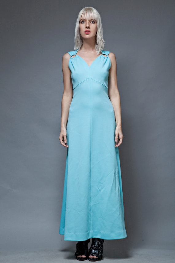 vintage 70s maxi dress empire light blue rhinesto… - image 1