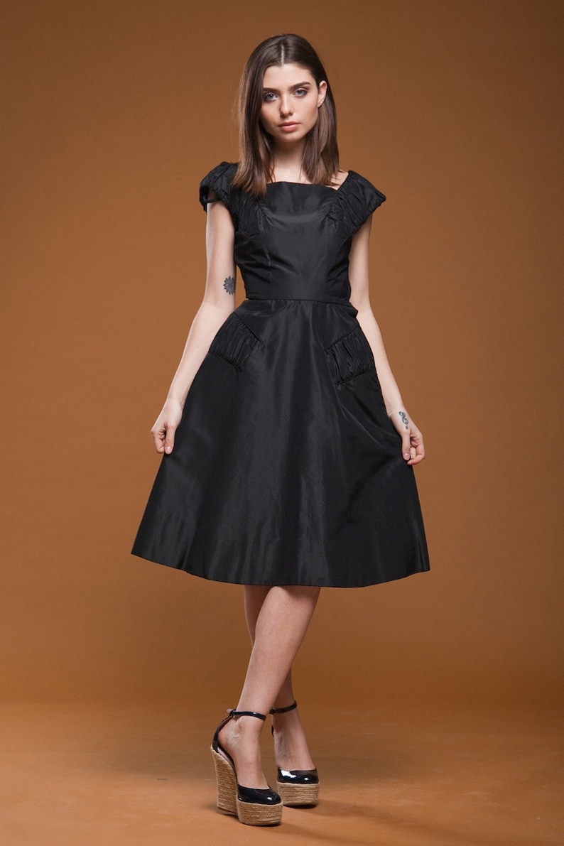 vintage 50s 1950s party dress cocktail black taffeta full skirt sleeveless gathered EXTRA SMALL Small XS S image 1