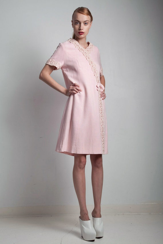 vintage 50s pink linen dress Jackie O short sleev… - image 3