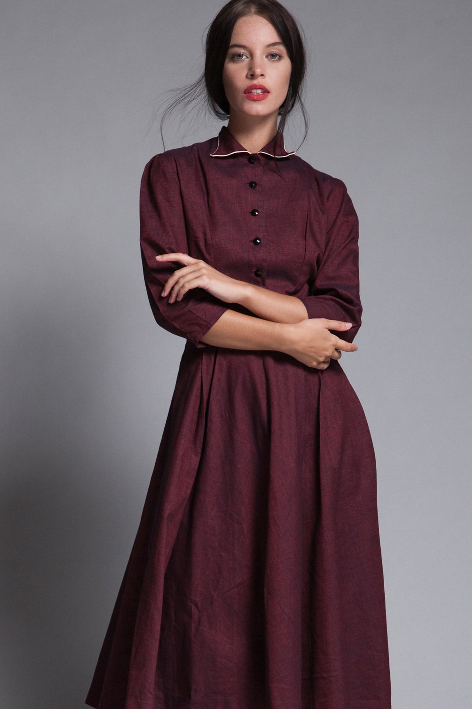 Shirtwaist Dress Midi Burgundy Red Pleated Skirt 3/4 Sleeves - Etsy