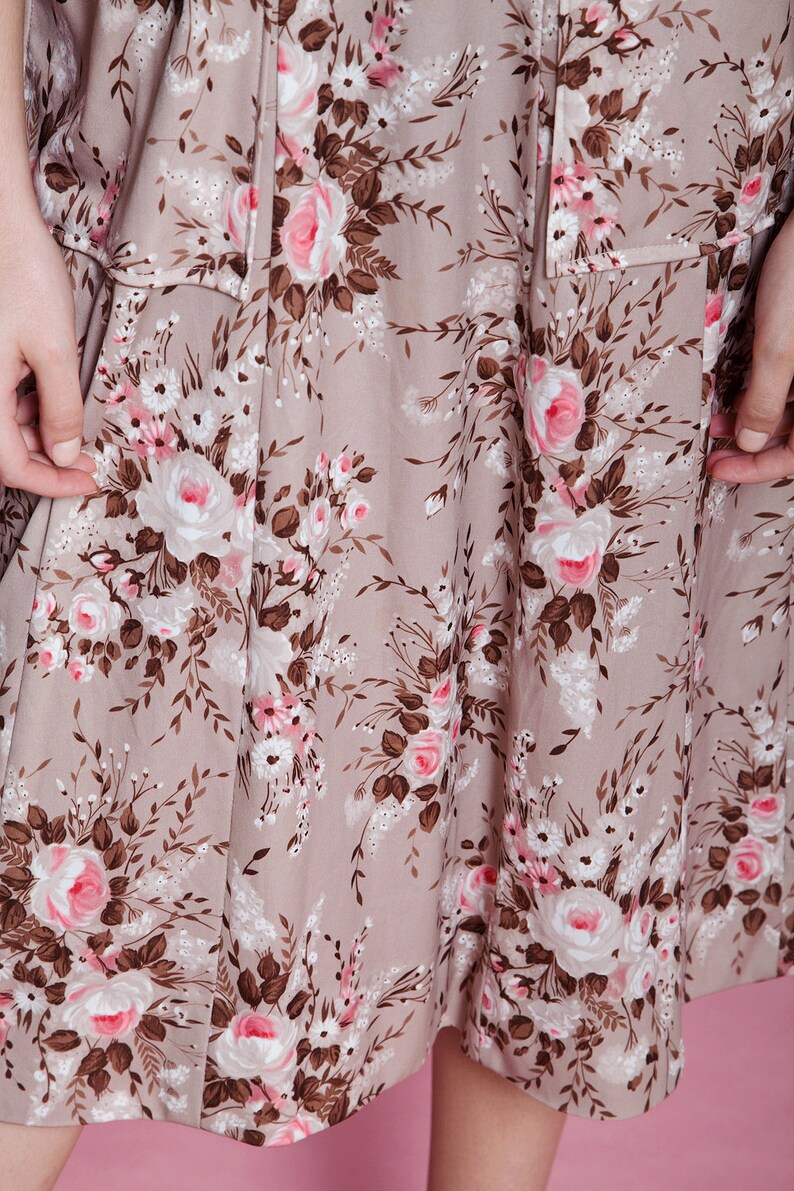 pocket shirtwaist dress brown pink rose print floral slinky short sleeve vintage 70s EXTRA LARGE XL image 10