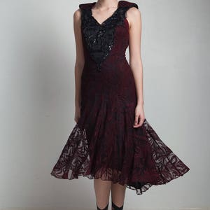 vintage 80s cocktail party dress lace cutout open back burgundy red on black beaded sequins SMALL S image 4