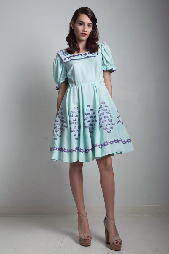Vintage Patio Dress Rockabilly Square Mint Green Blue Image 0
