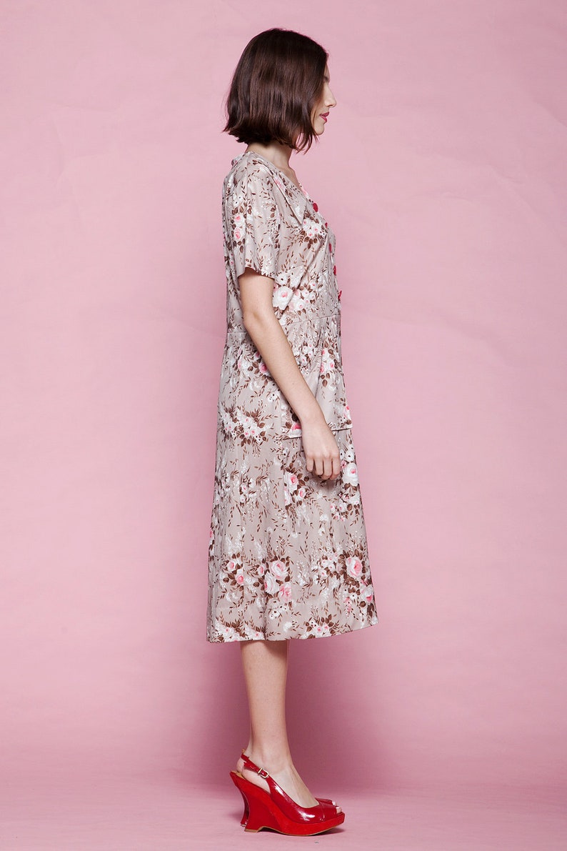 pocket shirtwaist dress brown pink rose print floral slinky short sleeve vintage 70s EXTRA LARGE XL image 5