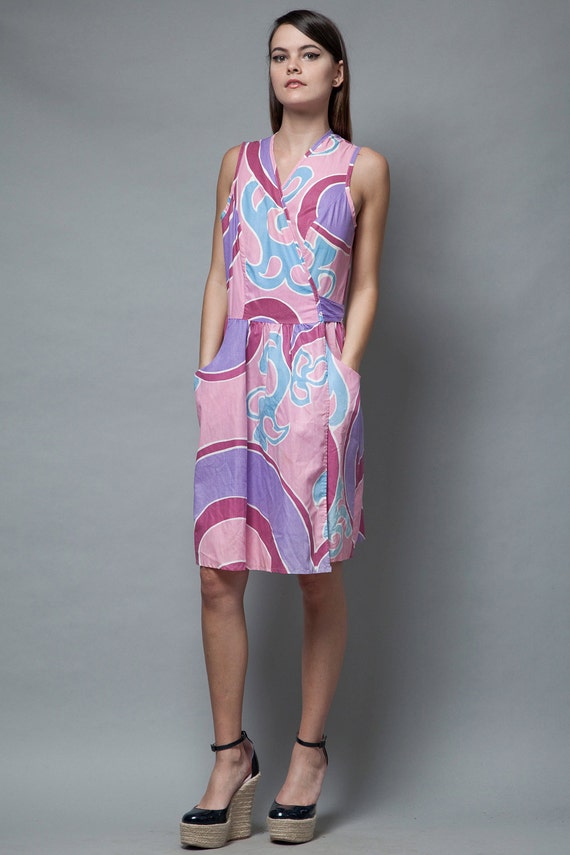 psychedelic wrap dress printed cotton purple pock… - image 2