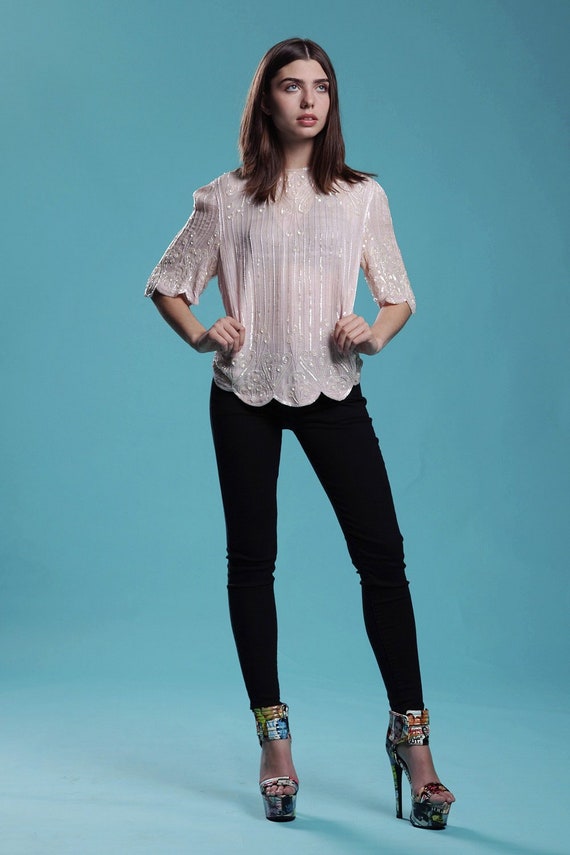 60/'s Sequined Top Early 60/'s Petal Pink Beaded And Sequined Cocktail Top 60/'s Evening Top
