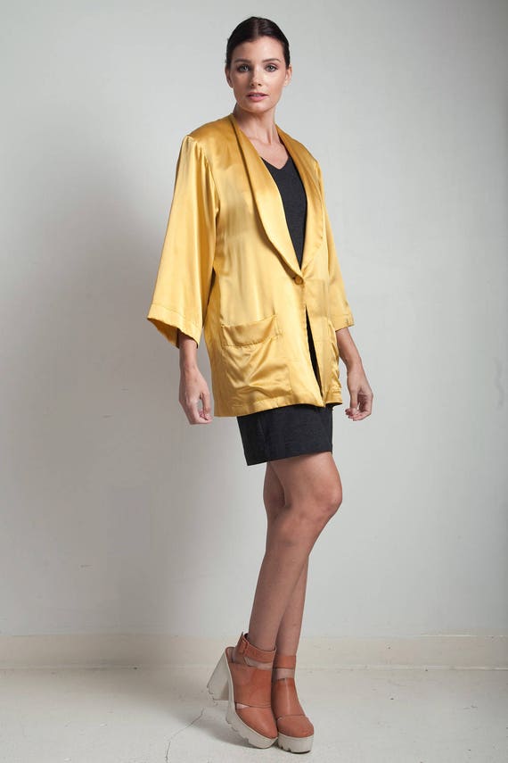 mustard gold flowy jacket top blouse silk yellow … - image 1