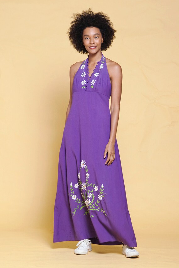 halter maxi dress purple cotton floral hand embro… - image 5