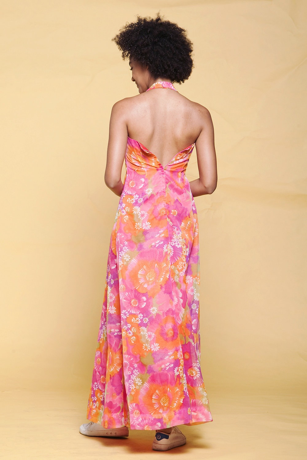 Halter Maxi Dress Sheer Pink Floral Empire A-Line Teen Vintage 70s Petite Xs Extra Small