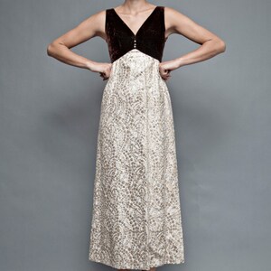 vintage 60s maxi dress gown empire brown velvet lurex metallic gold circles polka dot S SMALL