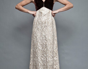 vintage 60s maxi dress gown empire brown velvet lurex metallic gold circles polka dot S SMALL