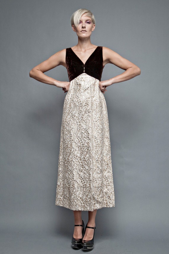 Vintage 60s Maxi Dress Gown Empire Brown Velvet Lurex Metallic Gold Circles Polka Dot S Small