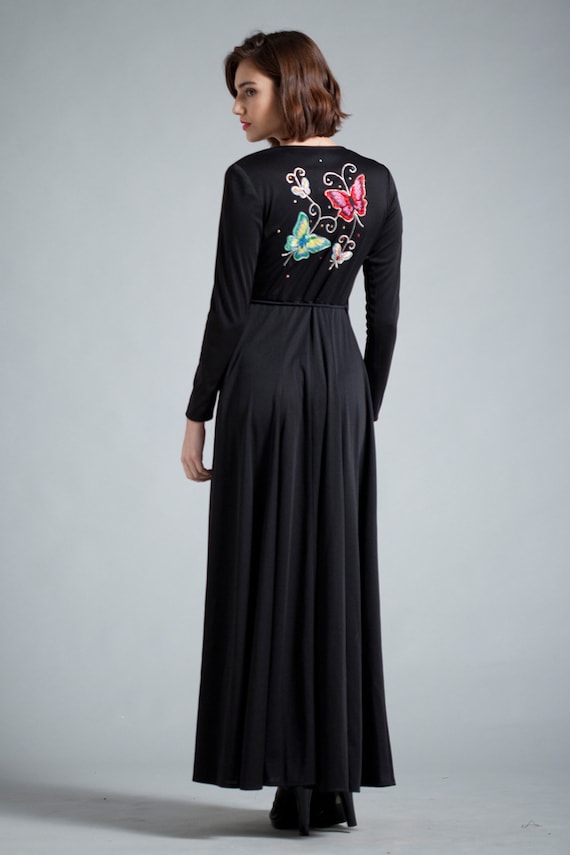 vintage 70s maxi wrap dress Black long sleeves butterfly embroidery applique SMALL S vintage 70s maxi wrap dress Black long sleeves butterfly embroidery applique SMALL S