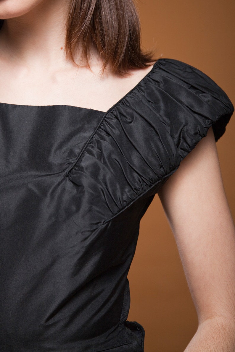 vintage 50s 1950s party dress cocktail black taffeta full skirt sleeveless gathered EXTRA SMALL Small XS S image 9