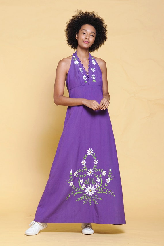 halter maxi dress purple cotton floral hand embro… - image 2