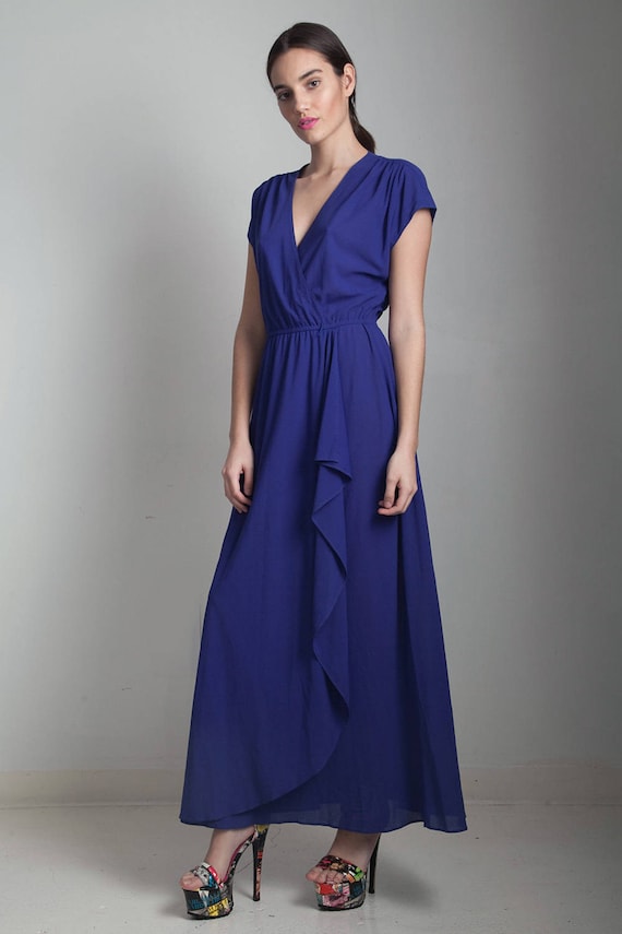 Faux wrap maxi dress indigo blue vintage 80s cascading ruffle | Etsy