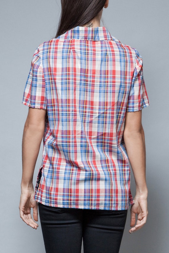 vintage 70s plaid cotton shirt blouse short sleev… - image 4