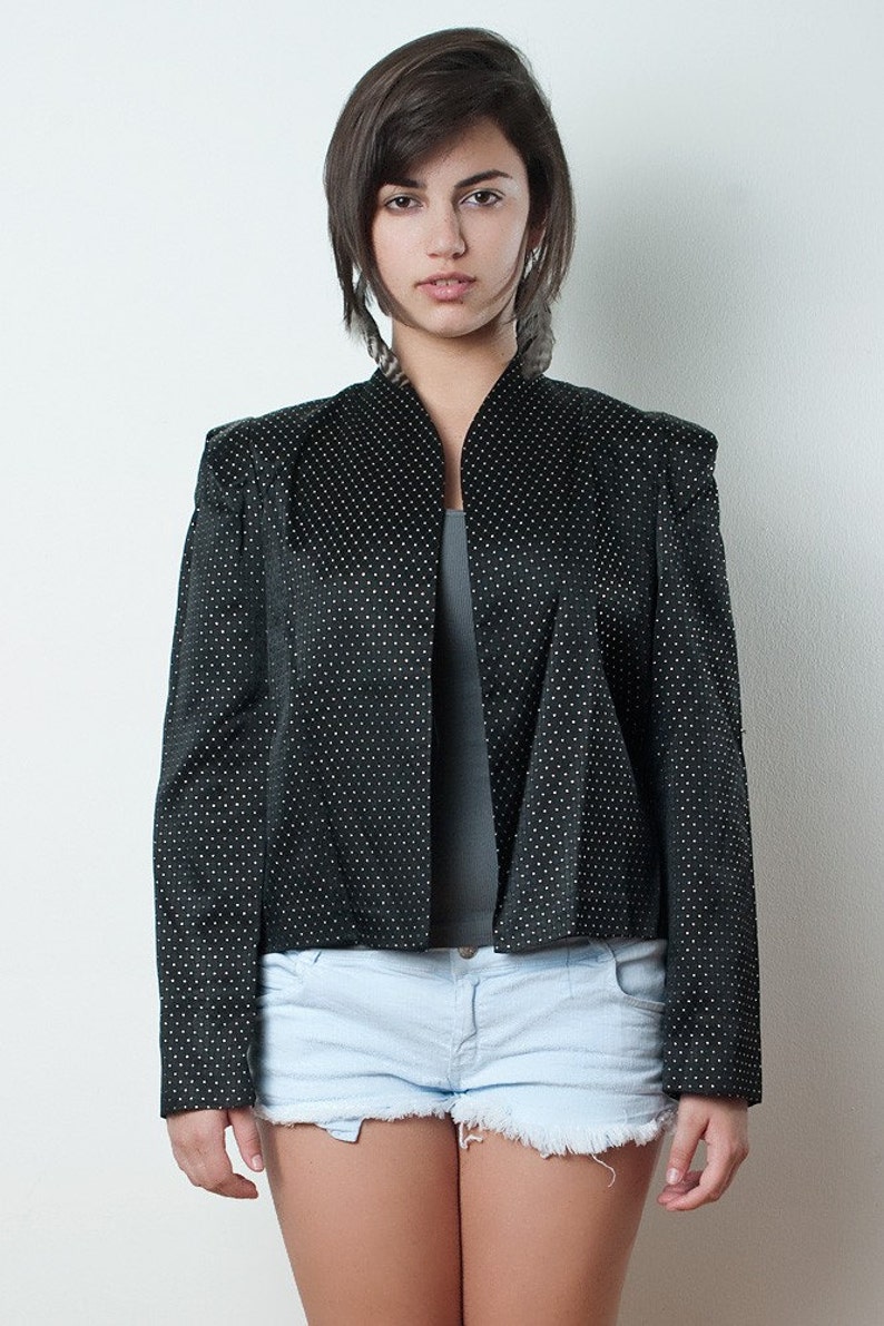 Vintage 80s Jacket Architectural Sculpural Structured Black Blazer Quilted Metallic Polka Dot Holiday Party L LARGE image 3