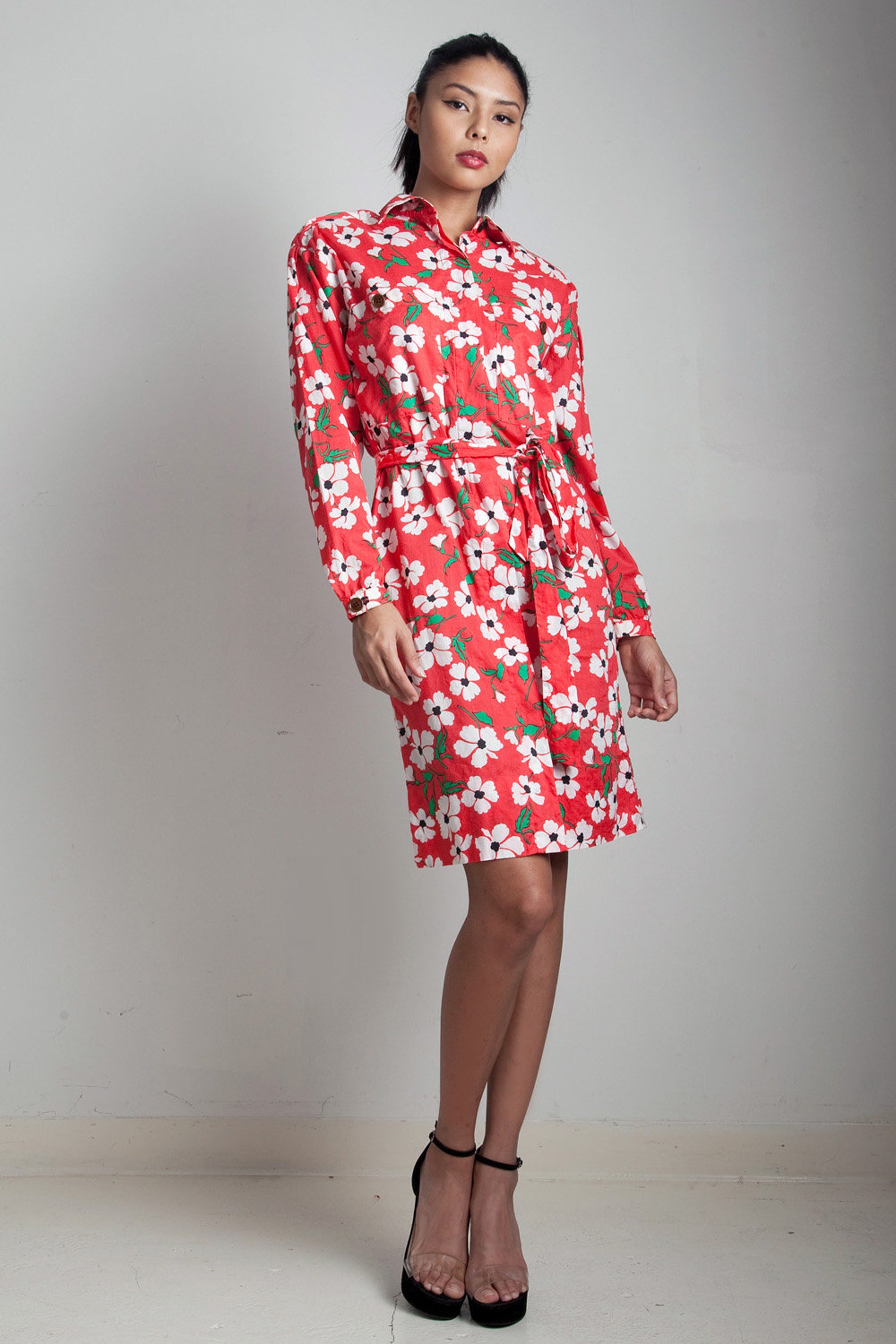 Plants Print Belted Shirt Dress