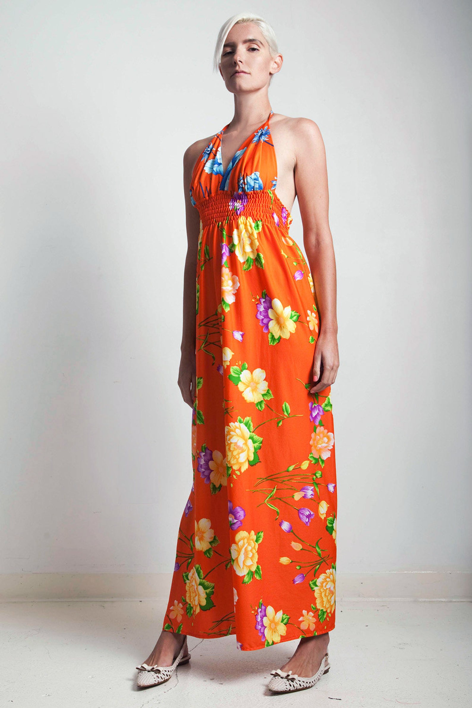 Vintage 70s Hawaiian Halter Maxi Dress Orange Floral Open Back Smock ...